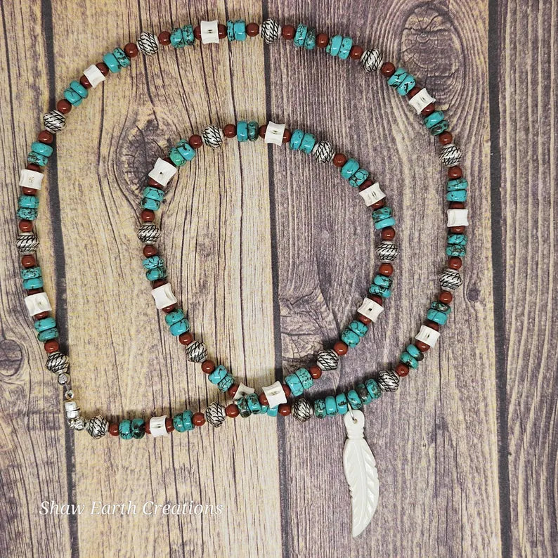 Hand Beaded Turquoise Jasper and Fishbone Feather Necklace