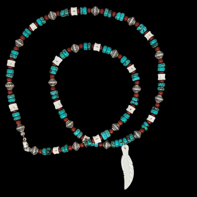 Hand Beaded Turquoise Jasper and Fishbone Feather Necklace