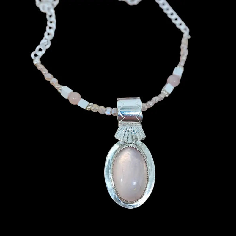Handcut Rose Quartz Beaded Sterling Silver Necklace
