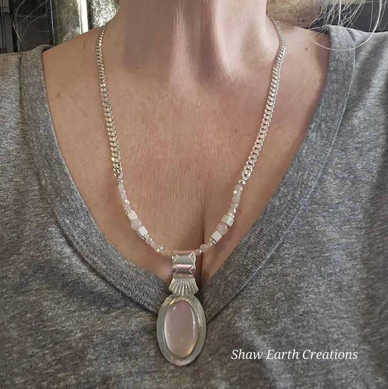 Handcut Rose Quartz Beaded Sterling Silver Necklace
