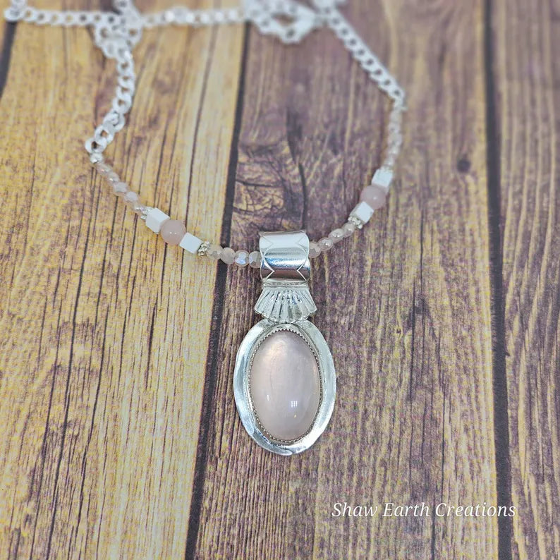 Handcut Rose Quartz Beaded Sterling Silver Necklace