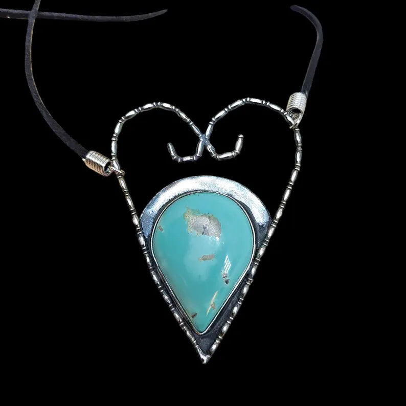 Handcut Genuine Turquoise Large Statement Sterling Silver Heart Necklace