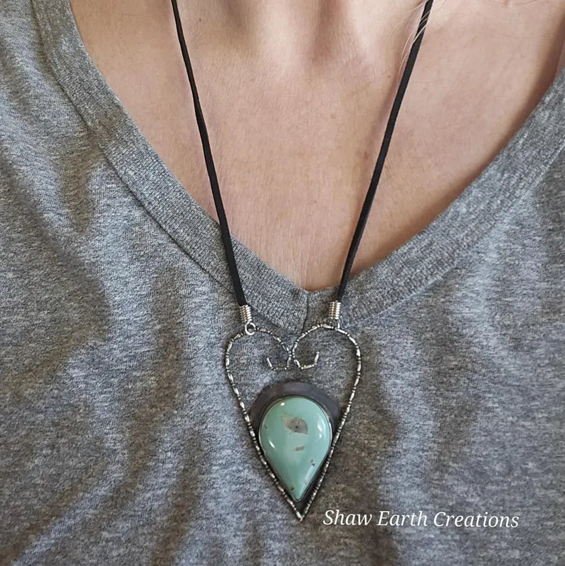 Handcut Genuine Turquoise Large Statement Sterling Silver Heart Necklace