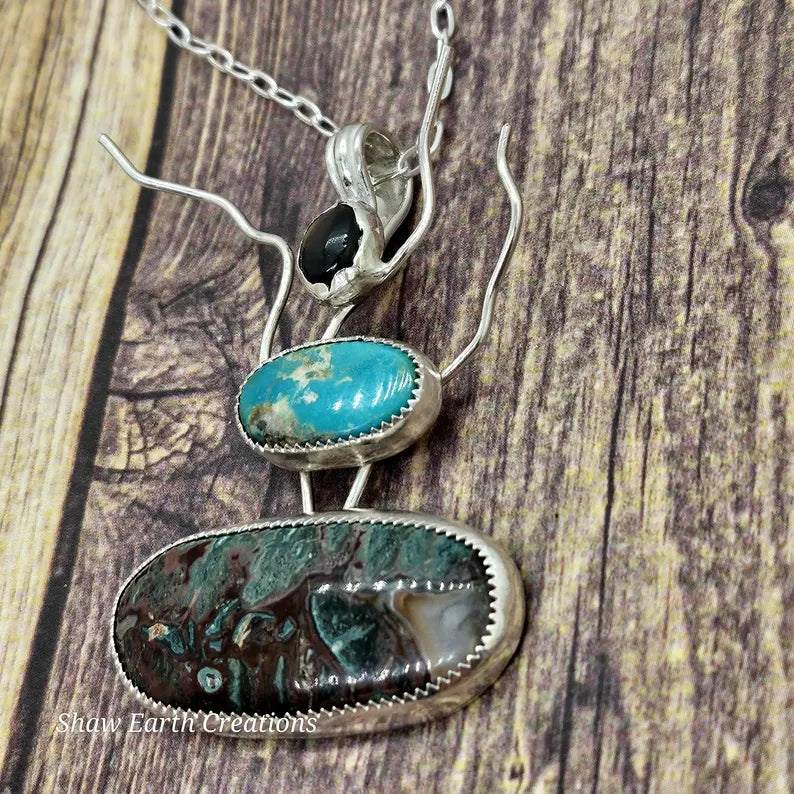 Handcut Star Sapphire Turquoise Idaho Seam Agate Sterling Silver Necklace