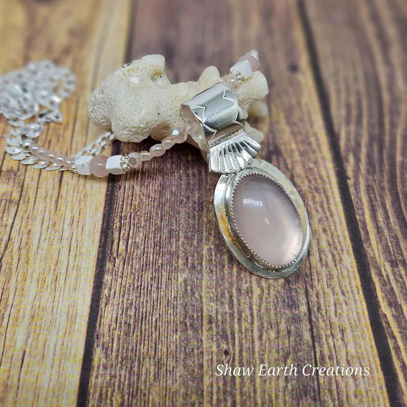 Handcut Rose Quartz Beaded Sterling Silver Necklace