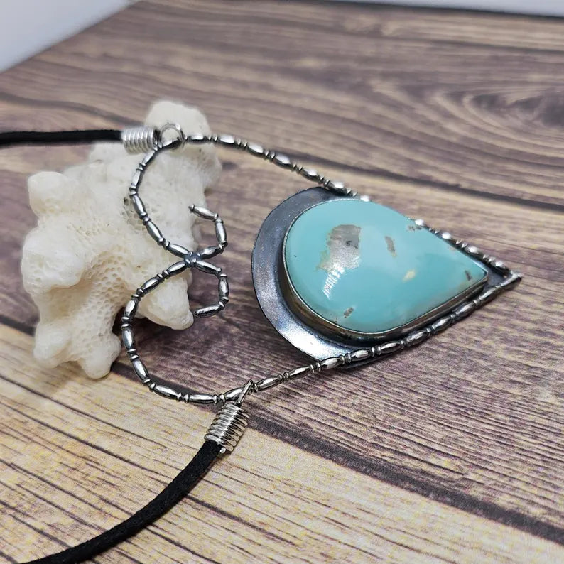 Handcut Genuine Turquoise Large Statement Sterling Silver Heart Necklace