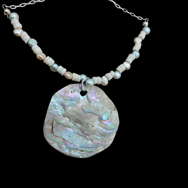 Handcut Abalone Freshwater Pearl Sterling Silver Necklace