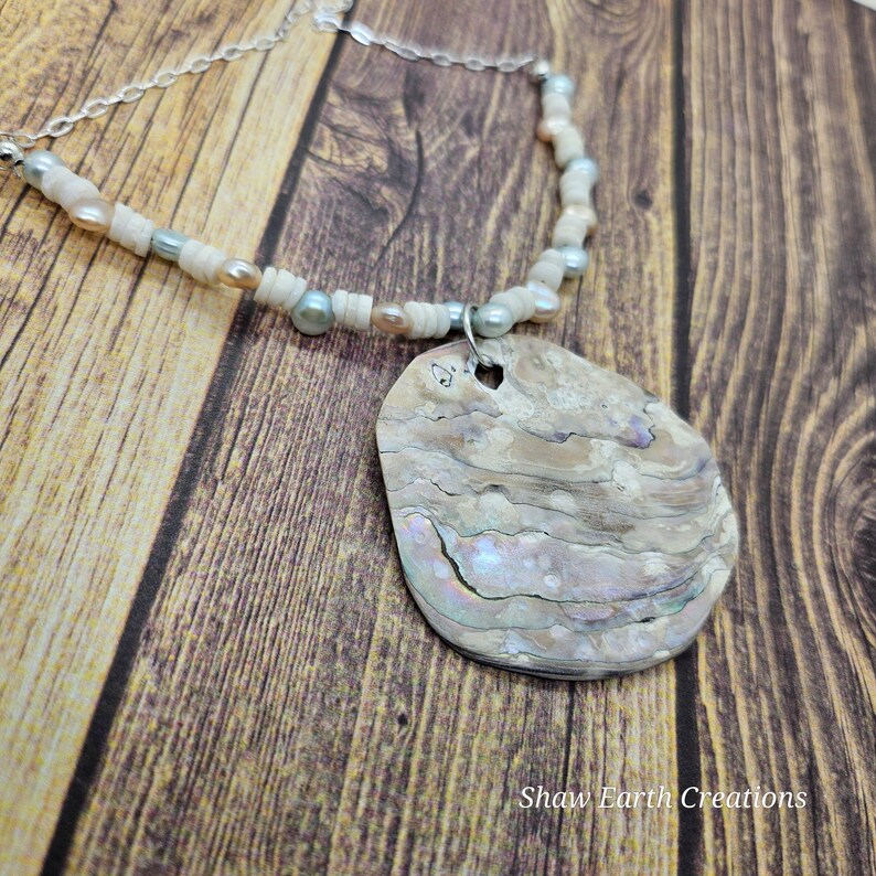 Handcut Abalone Freshwater Pearl Sterling Silver Necklace