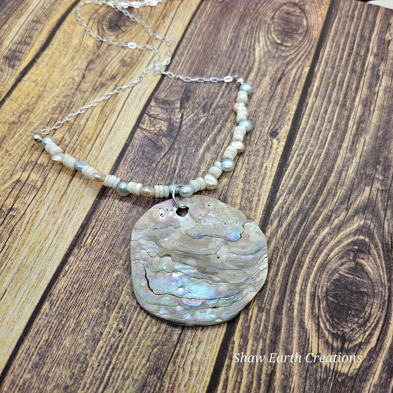 Handcut Abalone Freshwater Pearl Sterling Silver Necklace