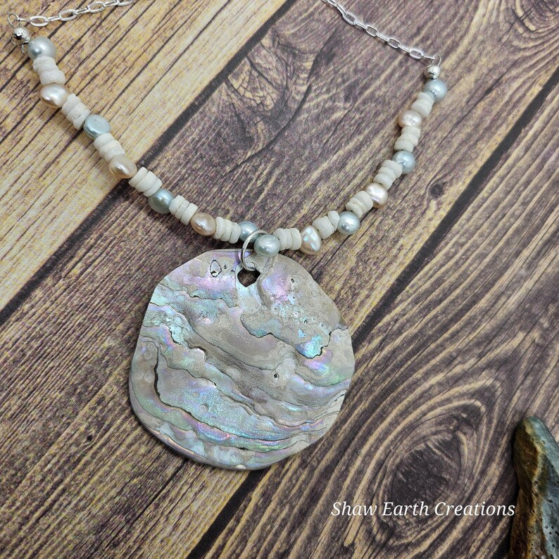 Handcut Abalone Freshwater Pearl Sterling Silver Necklace