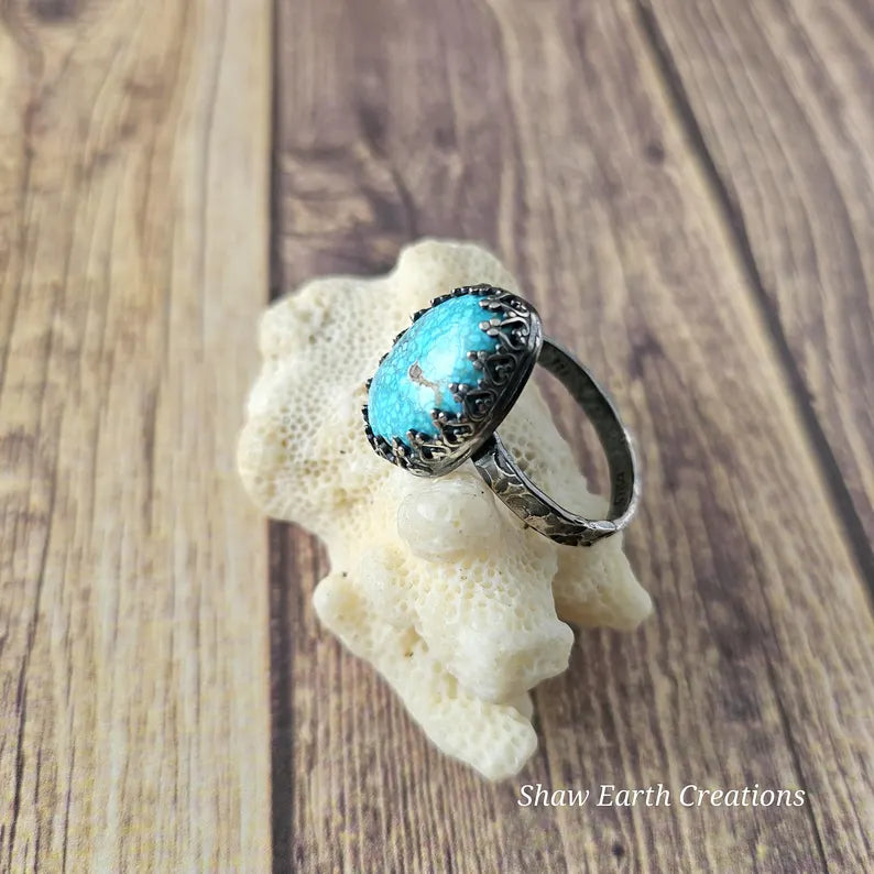 Handcut 11ct Waterweb Genuine Turquoise Sterling Silver Ring