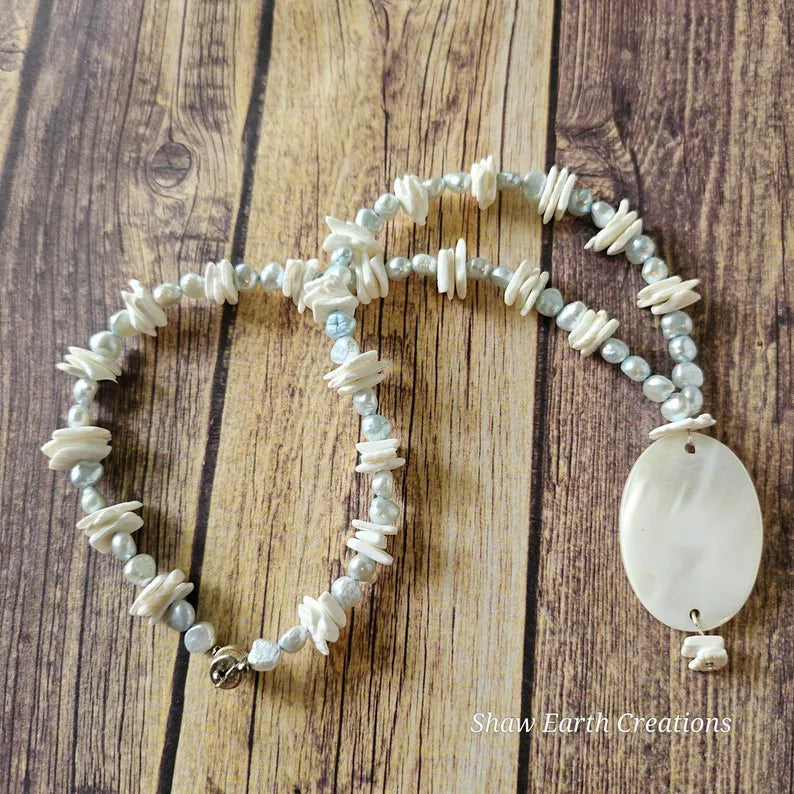 Hand Beaded Mother Of Pearl Freshwater Pearl Necklace