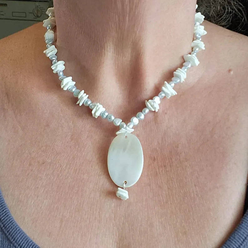 Hand Beaded Mother Of Pearl Freshwater Pearl Necklace