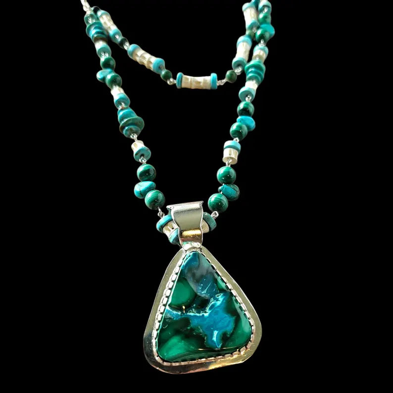 Handcut Malachite Azurite Turquoise Reversible Beaded Sterling Silver Necklace
