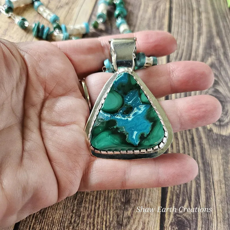 Handcut Malachite Azurite Turquoise Reversible Beaded Sterling Silver Necklace