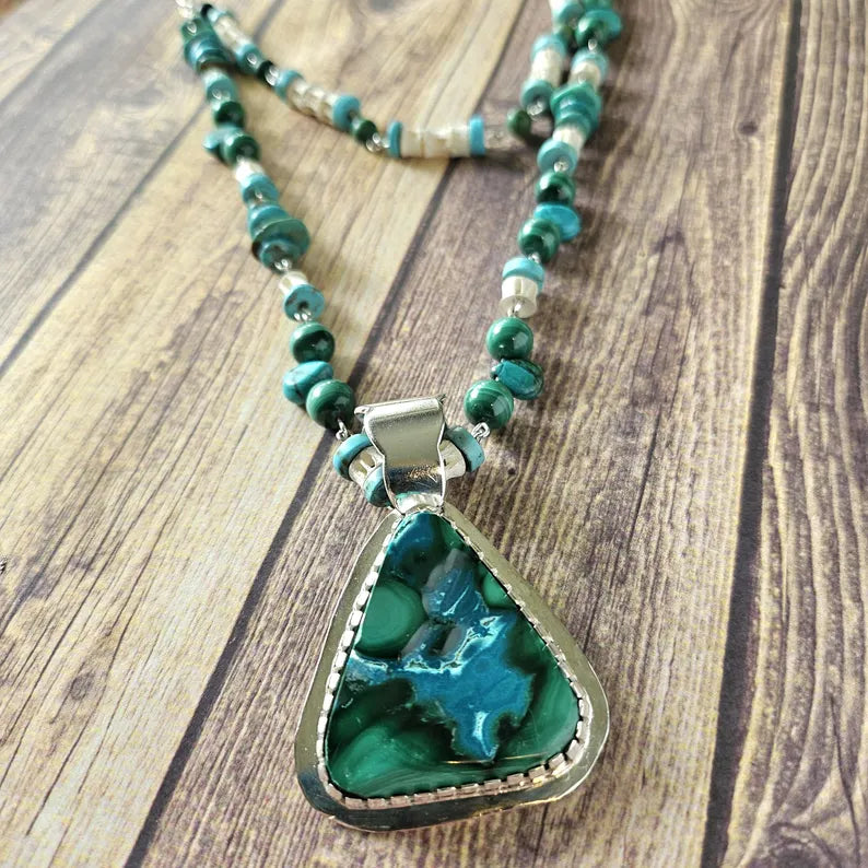 Handcut Malachite Azurite Turquoise Reversible Beaded Sterling Silver Necklace