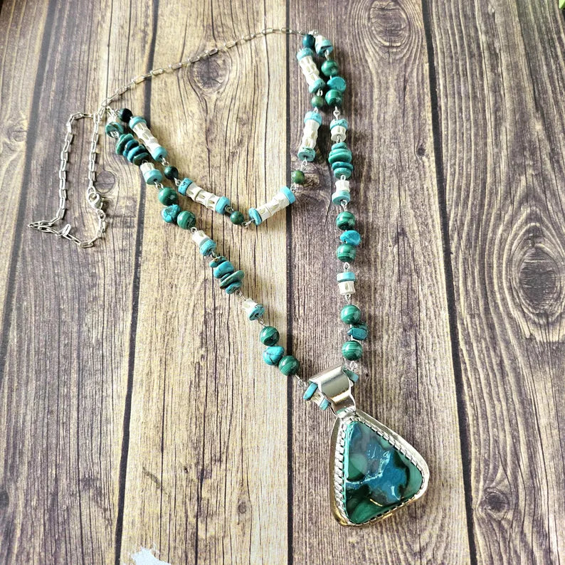 Handcut Malachite Azurite Turquoise Reversible Beaded Sterling Silver Necklace