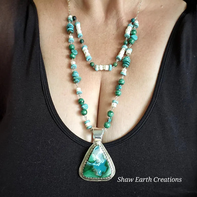 Handcut Malachite Azurite Turquoise Reversible Beaded Sterling Silver Necklace