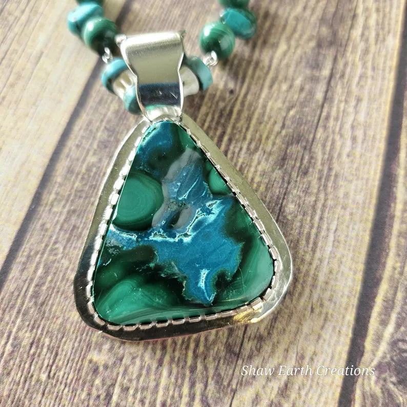 Handcut Malachite Azurite Turquoise Reversible Beaded Sterling Silver Necklace