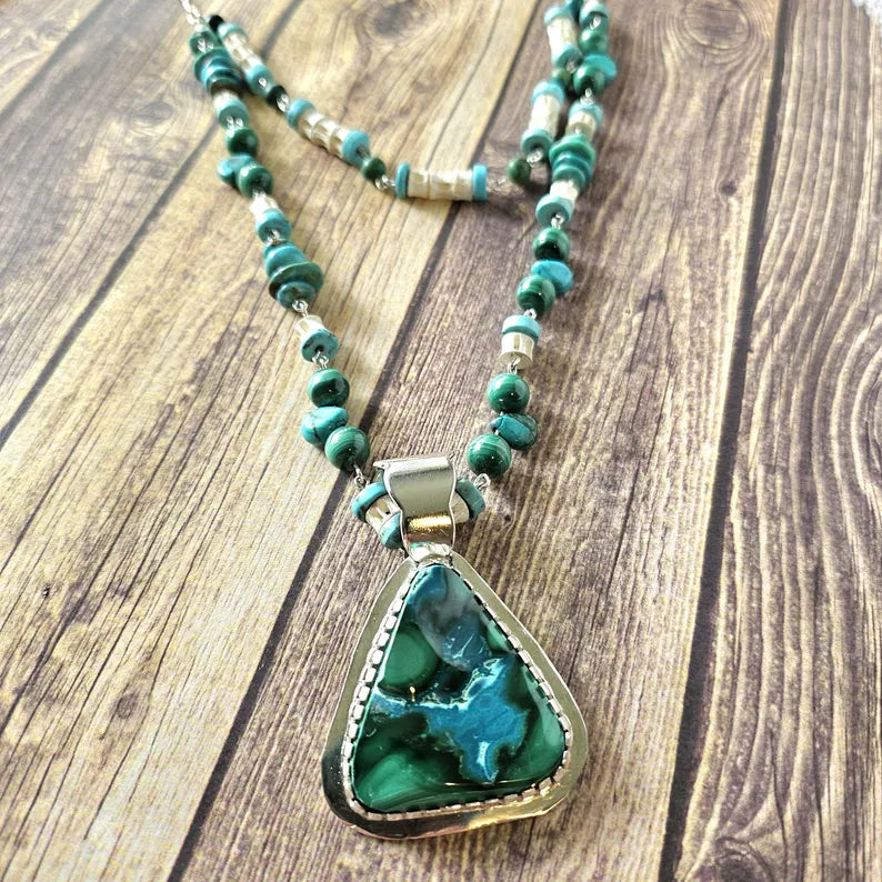 Handcut Malachite Azurite Turquoise Reversible Beaded Sterling Silver Necklace