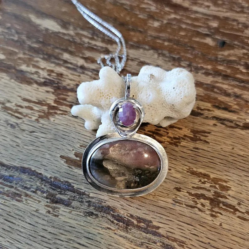 Handcut North Carolina Ruby and Picture Jasper Sterling Silver Necklace