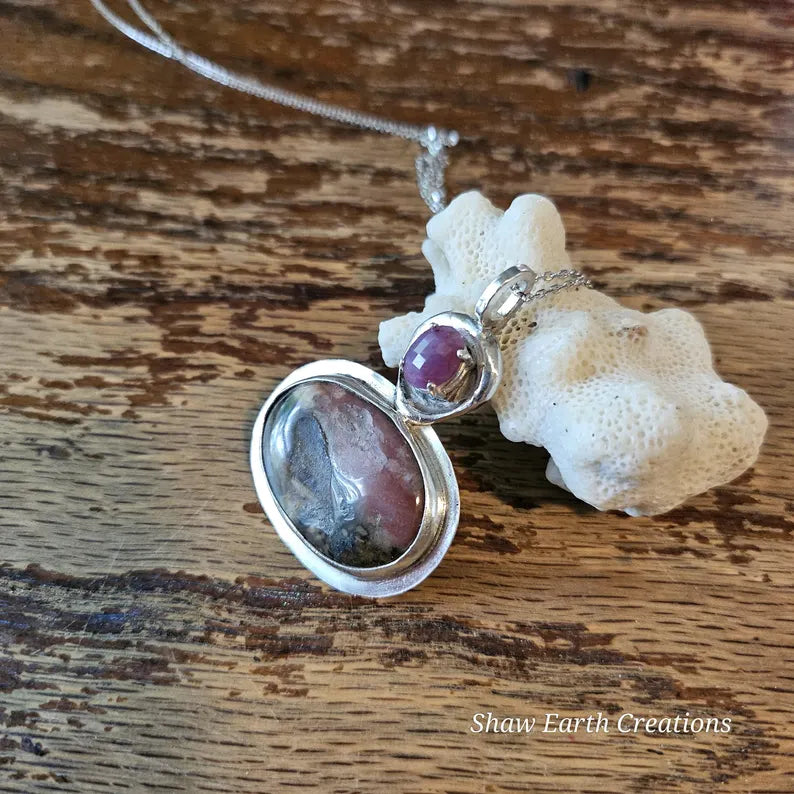 Handcut North Carolina Ruby and Picture Jasper Sterling Silver Necklace