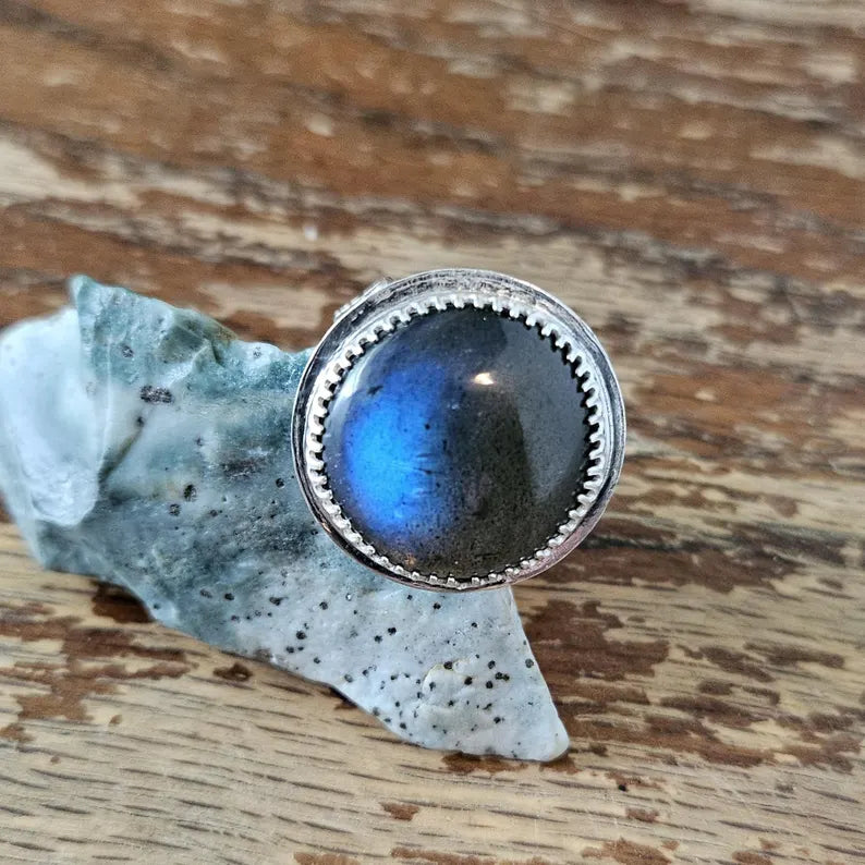 Handcut Labradorite Shimmering Blue Sterling Silver Ring