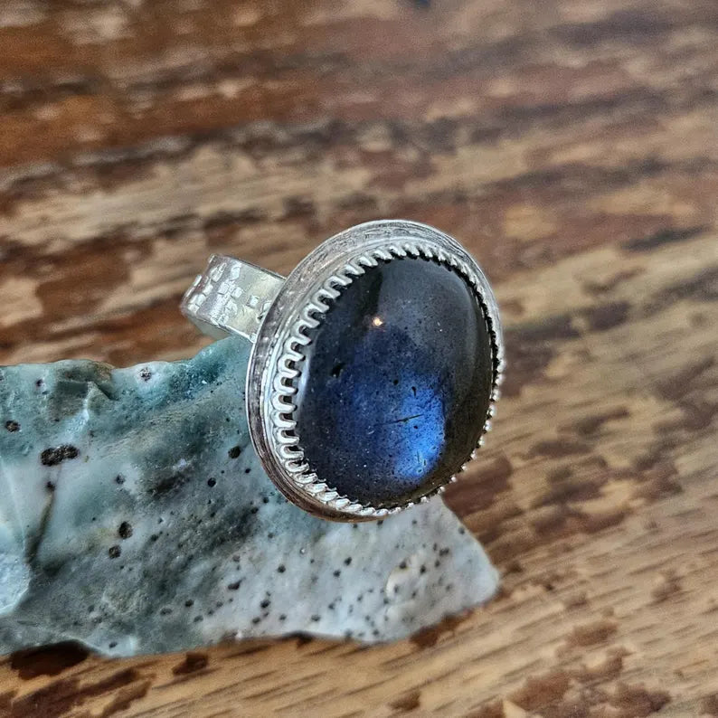 Handcut Labradorite Shimmering Blue Sterling Silver Ring
