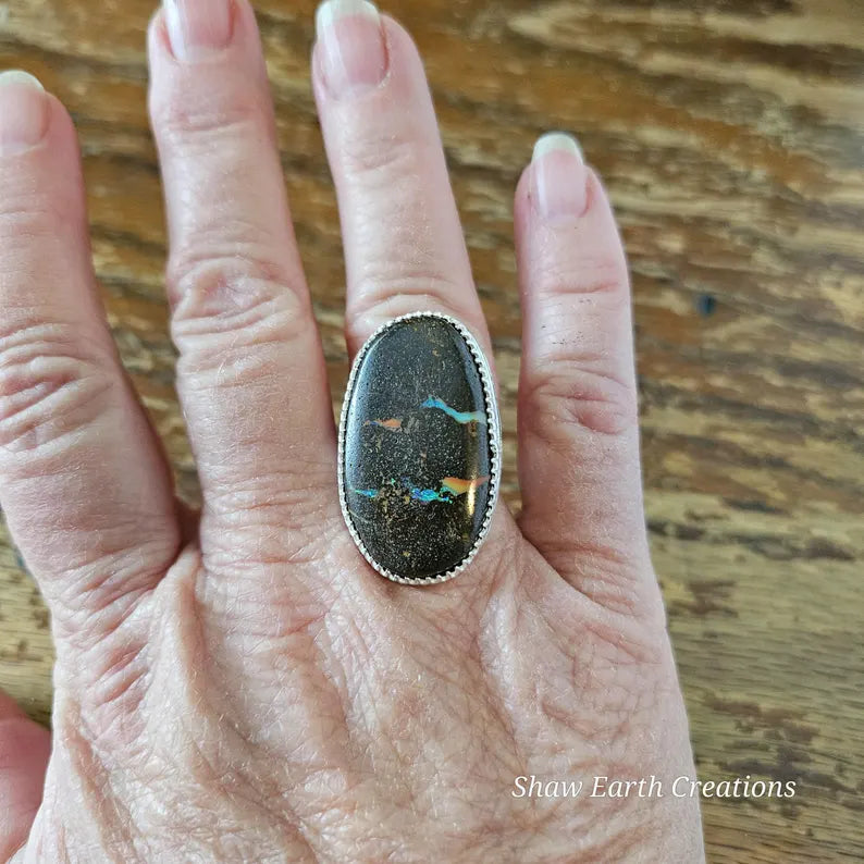 Handcut Australian Boulder Opal Large Statement Sterling Silver Ring