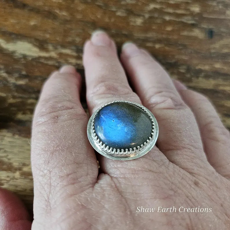 Handcut Labradorite Shimmering Blue Sterling Silver Ring