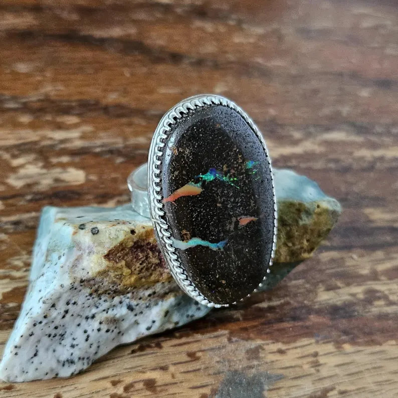 Handcut Australian Boulder Opal Large Statement Sterling Silver Ring