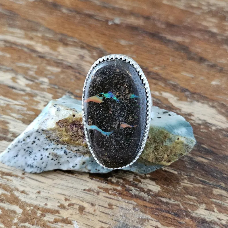 Handcut Australian Boulder Opal Large Statement Sterling Silver Ring