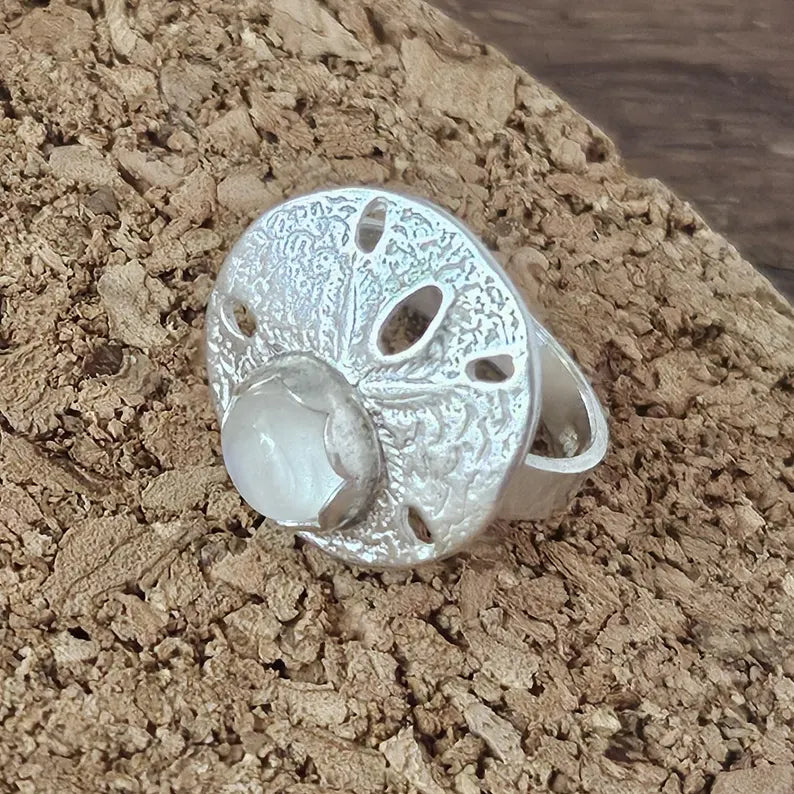 Moonstone Sand Dollar Ring Handcut Silvery White Gem in Sterling Silver Ocean Inspired Jewelry