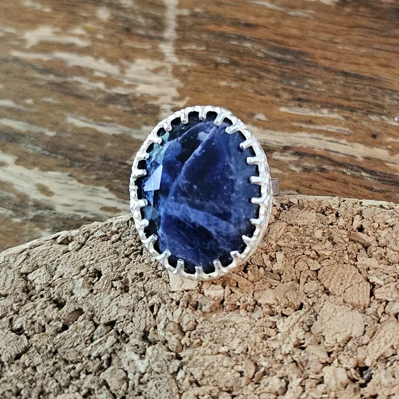 Handcut Sodalite Ring Blue and White Gemstone in Sterling Silver Artisan Statement Jewelry