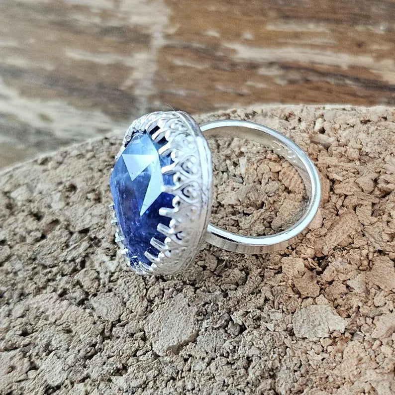 Handcut Sodalite Ring Blue and White Gemstone in Sterling Silver Artisan Statement Jewelry