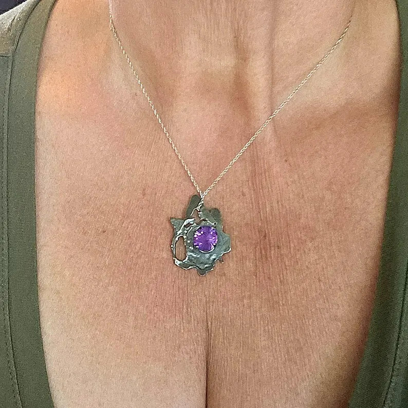 Handcut Amethyst Talisman Necklace Brutalist Sterling Silver Pendant Mystic Artisan Jewelry