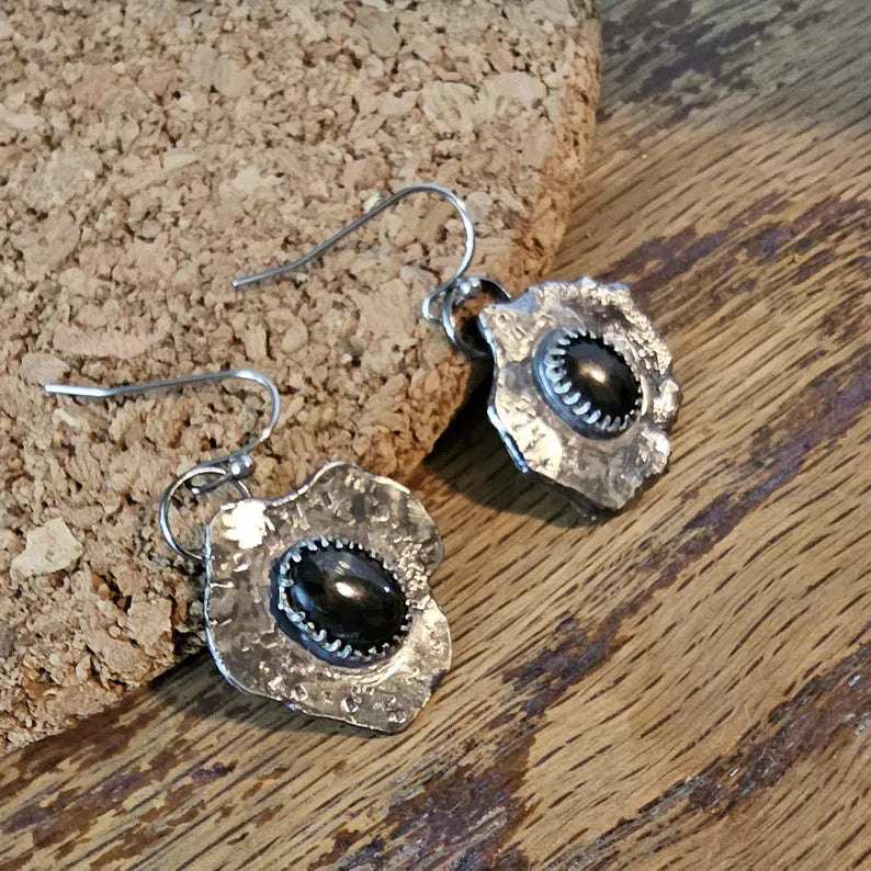 Black Star Diopside Earrings Brutalist Sterling Silver Handcut Gemstone Power Jewelry