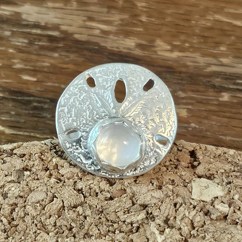 Moonstone Sand Dollar Ring Handcut Silvery White Gem in Sterling Silver Ocean Inspired Jewelry