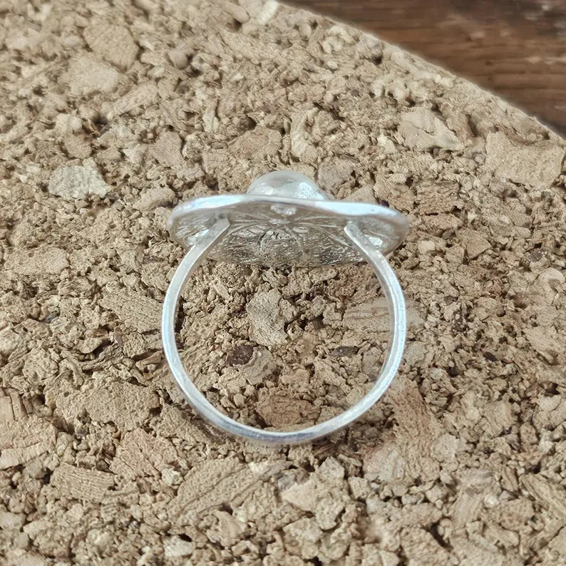 Moonstone Sand Dollar Ring Handcut Silvery White Gem in Sterling Silver Ocean Inspired Jewelry