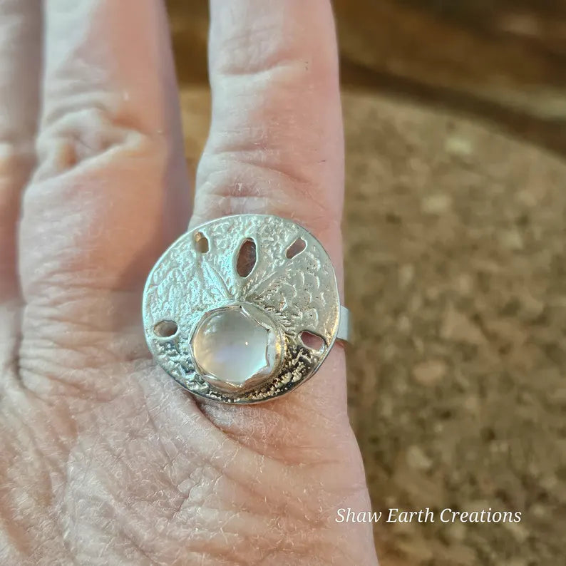 Moonstone Sand Dollar Ring Handcut Silvery White Gem in Sterling Silver Ocean Inspired Jewelry