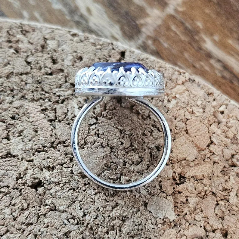Handcut Sodalite Ring Blue and White Gemstone in Sterling Silver Artisan Statement Jewelry