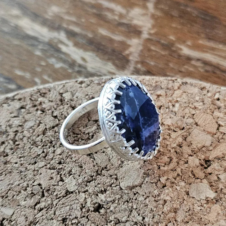 Handcut Sodalite Ring Blue and White Gemstone in Sterling Silver Artisan Statement Jewelry