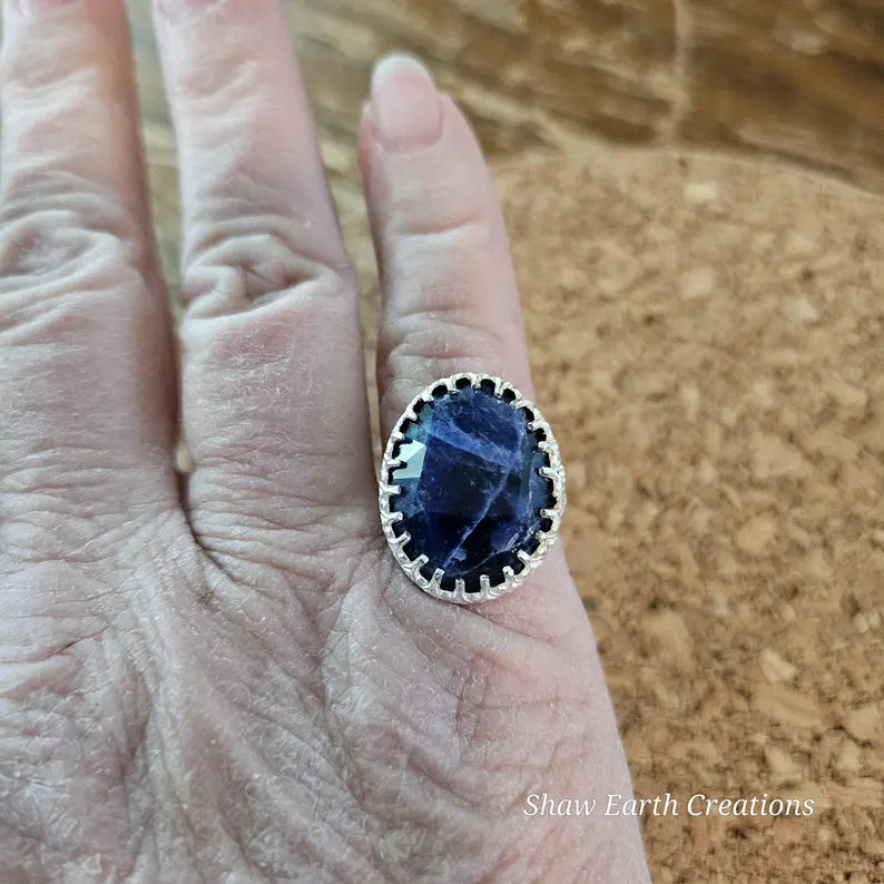 Handcut Sodalite Ring Blue and White Gemstone in Sterling Silver Artisan Statement Jewelry