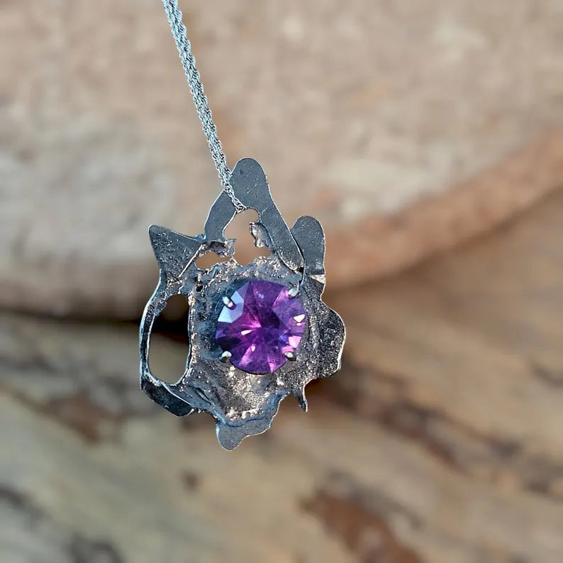 Handcut Amethyst Talisman Necklace Brutalist Sterling Silver Pendant Mystic Artisan Jewelry