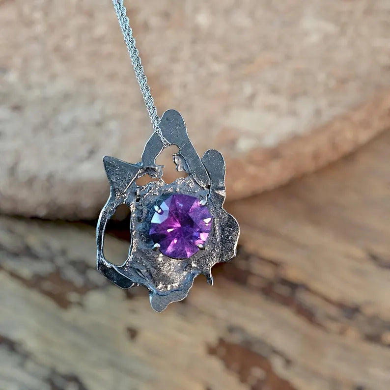 Handcut Amethyst Talisman Necklace Brutalist Sterling Silver Pendant Mystic Artisan Jewelry
