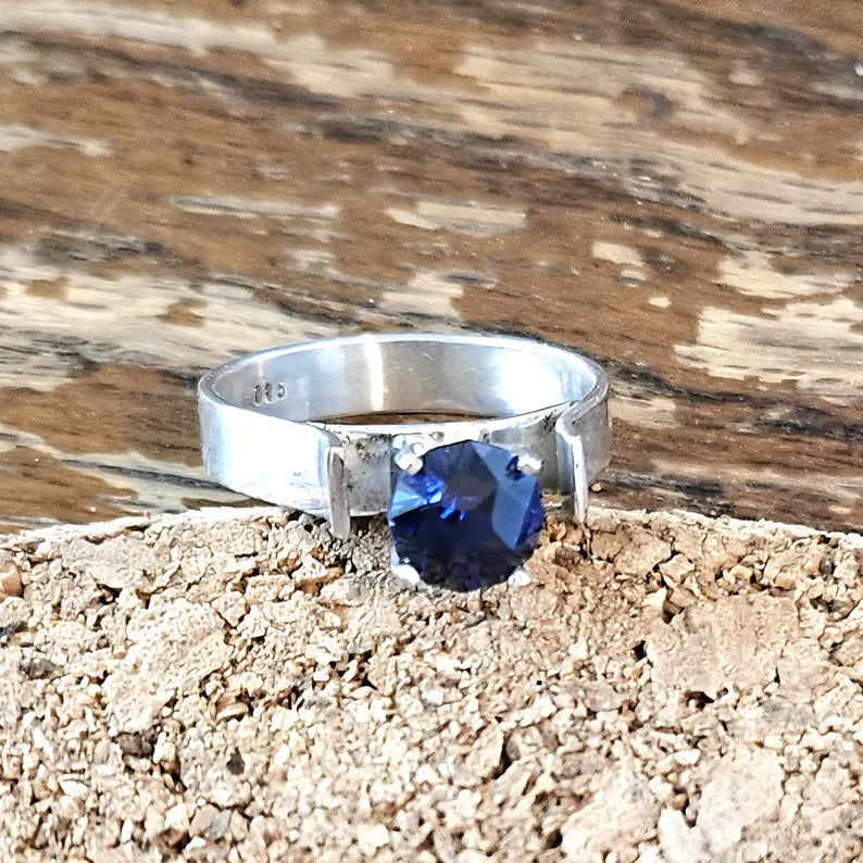Handcut 1.5ct Lab Grown Sapphire Silver Ring