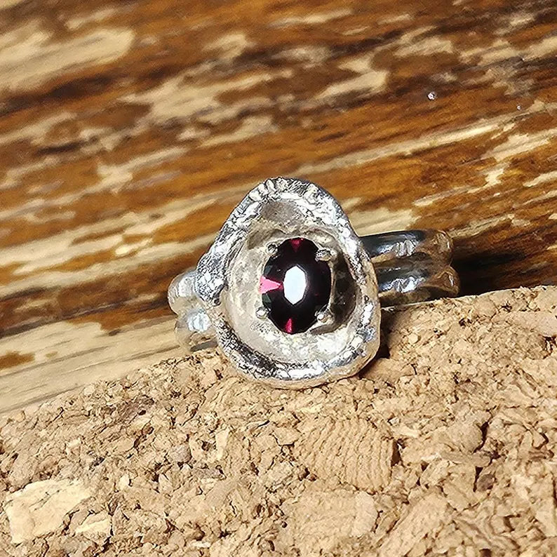 Hand Faceted Garnet Rustic Sterling Silver Ring