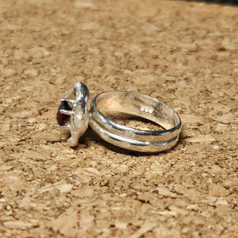 Hand Faceted Garnet Rustic Sterling Silver Ring