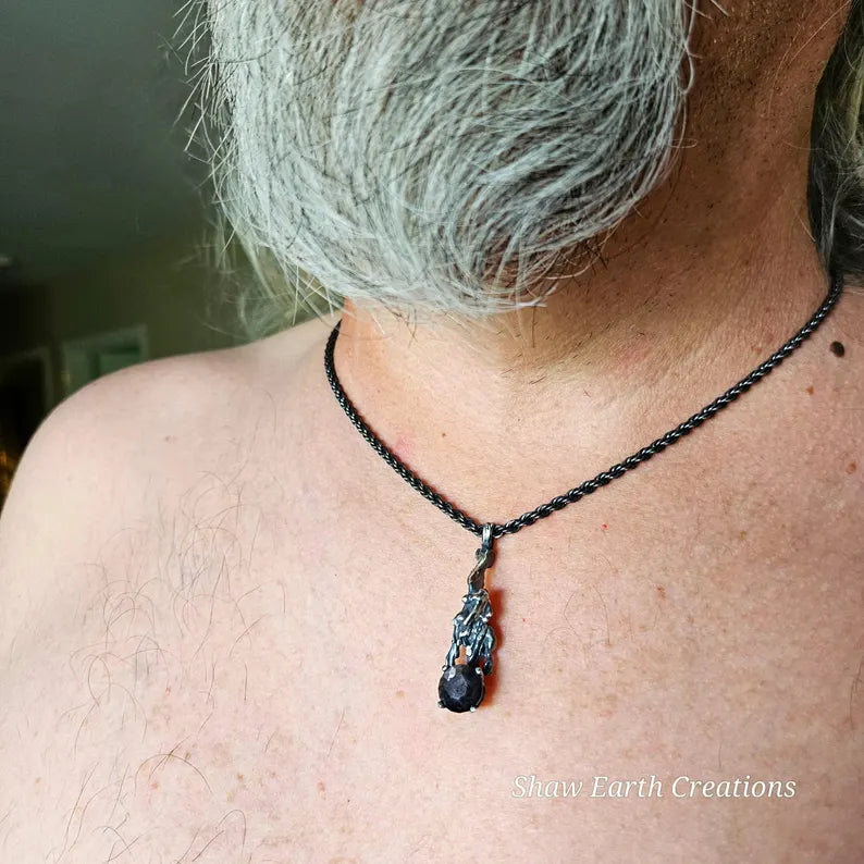 Hand faceted 5ct Black Sapphire Sterling Silver Necklace