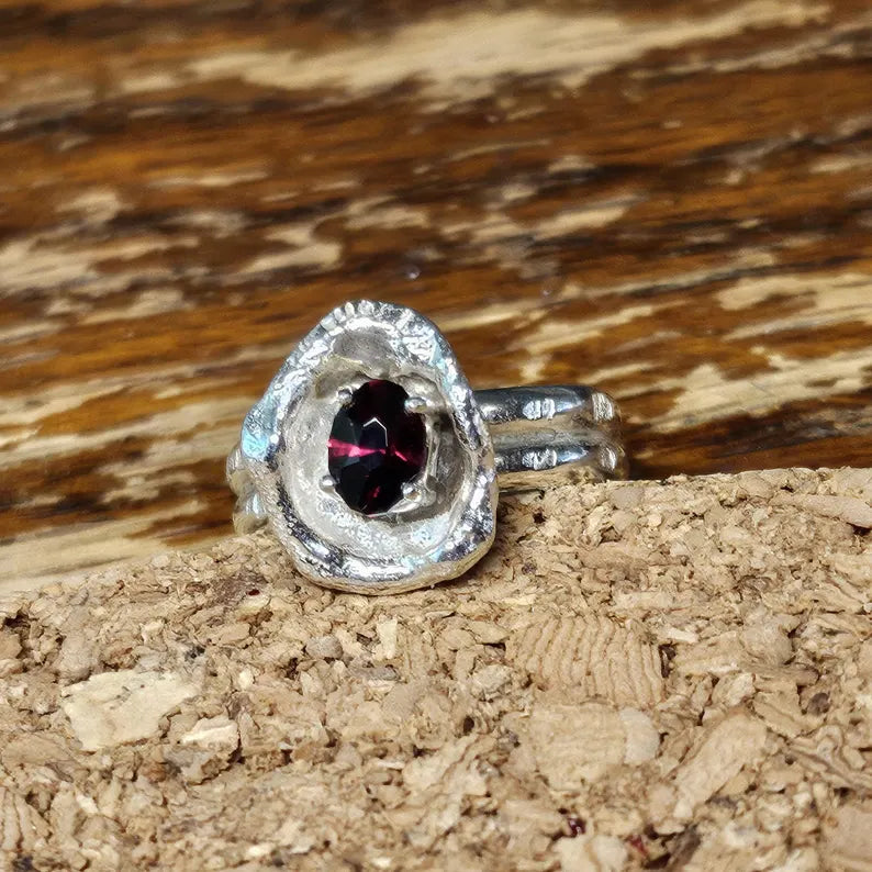 Hand Faceted Garnet Rustic Sterling Silver Ring
